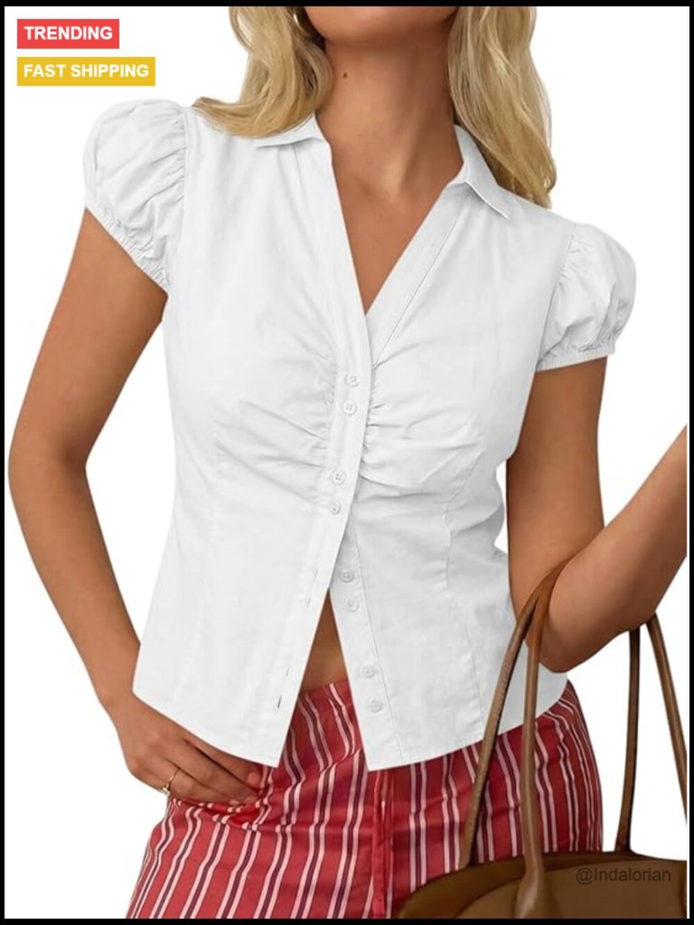 V Neck Puff Sleeve Button Down Shirt Ruched Cotton Slim Fit Blouse - Picture 1 of 7